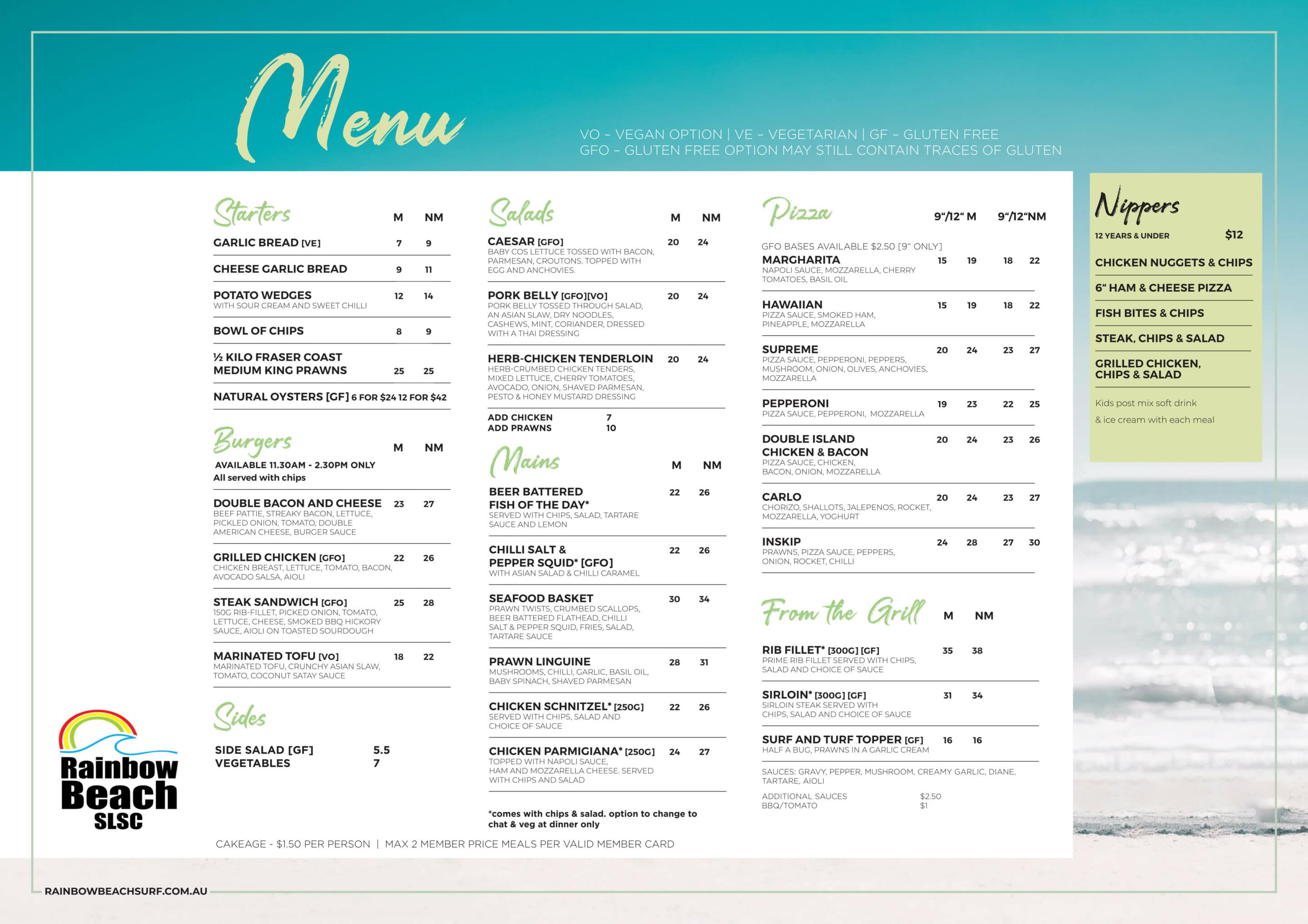 Rainbow Beach restaurant menu for mains at the Surf Club