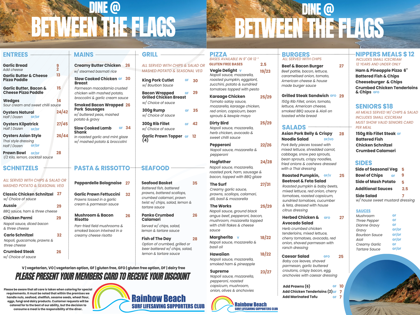 Rainbow Beach restaurant menu for mains at the Surf Club